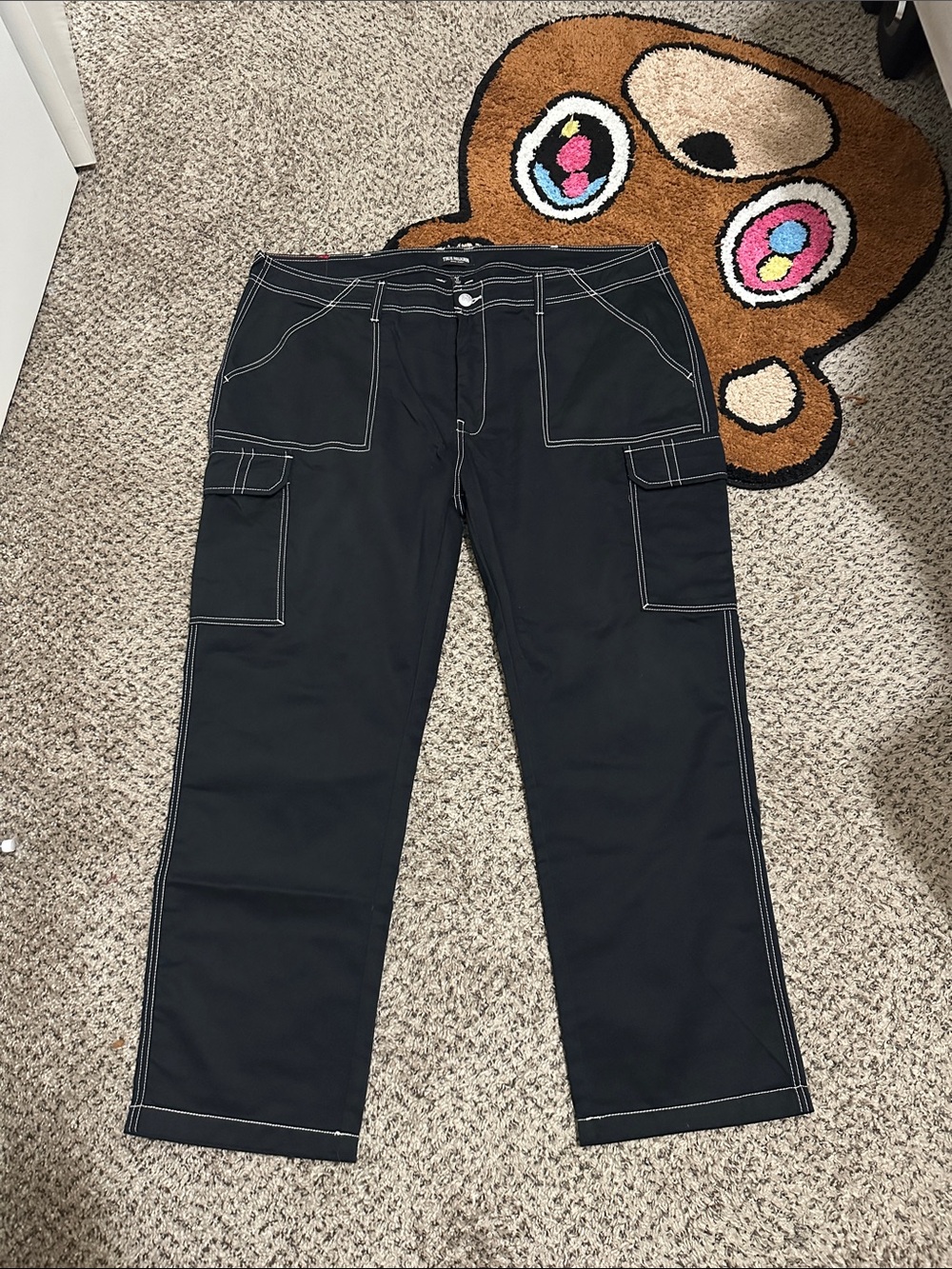 True Religion Black Cargo Pants with White Contrast Stitching WORN ONCE! Size 44